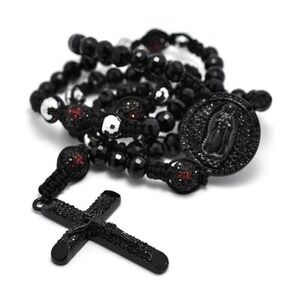 Black Bold Onyx Hip Hop Beads Crystal Pave Cross Rosary Men Chain Necklace 37"